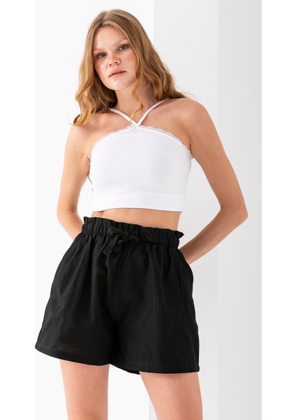 Kadın Beli Lastikli Pileli Pamuklu Şort Siyah - 925094 modelleri