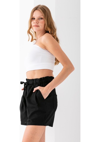 Kadın Beli Lastikli Pileli Pamuklu Şort Siyah - 925094