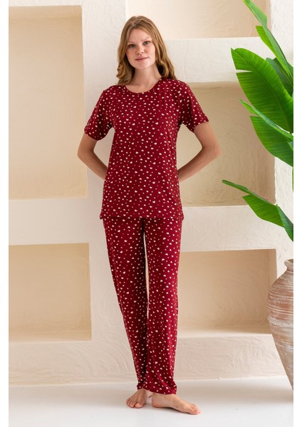Kadın Bisiklet Yaka Kısa Kollu Kalp Desenli Pijama Takım Bordo - 6016