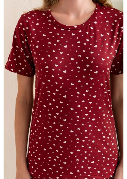 Kadın Bisiklet Yaka Kısa Kollu Kalp Desenli Pijama Takım Bordo - 6016