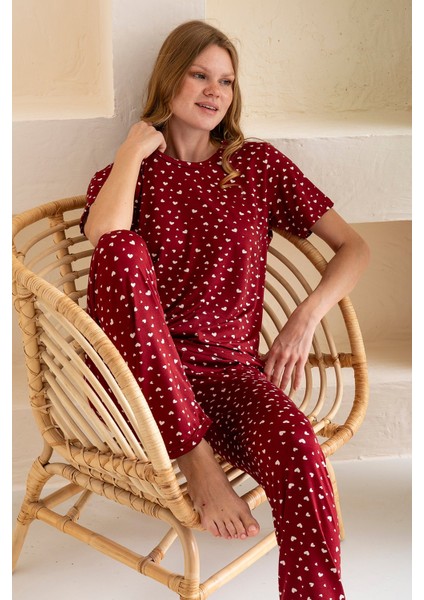 Kadın Bisiklet Yaka Kısa Kollu Kalp Desenli Pijama Takım Bordo - 6016
