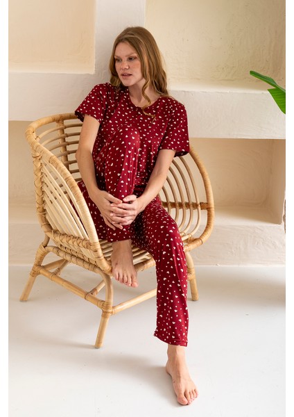 Kadın Bisiklet Yaka Kısa Kollu Kalp Desenli Pijama Takım Bordo - 6016