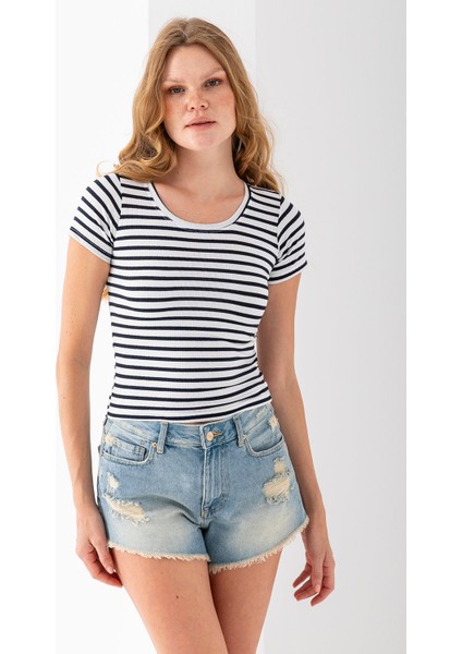 Kadın Bisiklet Yaka Çizgili Basic Body Lacivert - 25509