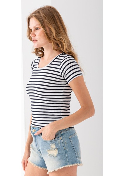 Kadın Bisiklet Yaka Çizgili Basic Body Lacivert - 25509