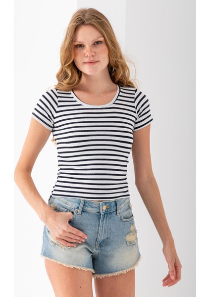Kadın Bisiklet Yaka Çizgili Basic Body Lacivert - 25509