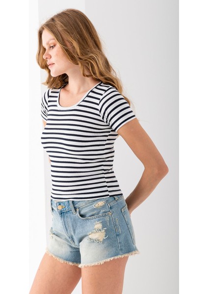 Kadın Bisiklet Yaka Çizgili Basic Body Lacivert - 25509
