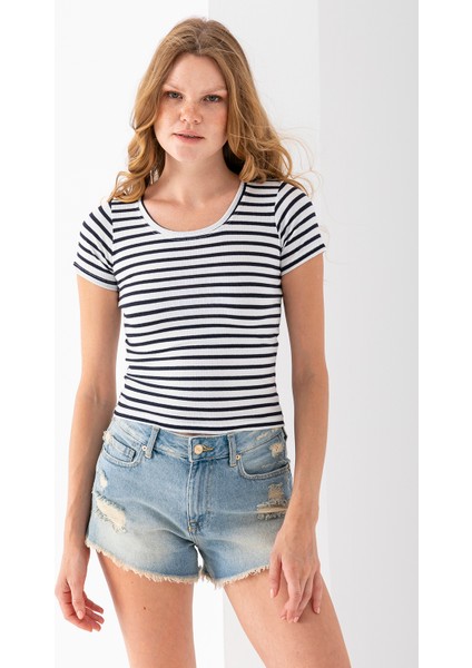 Kadın Bisiklet Yaka Çizgili Basic Body Lacivert - 25509