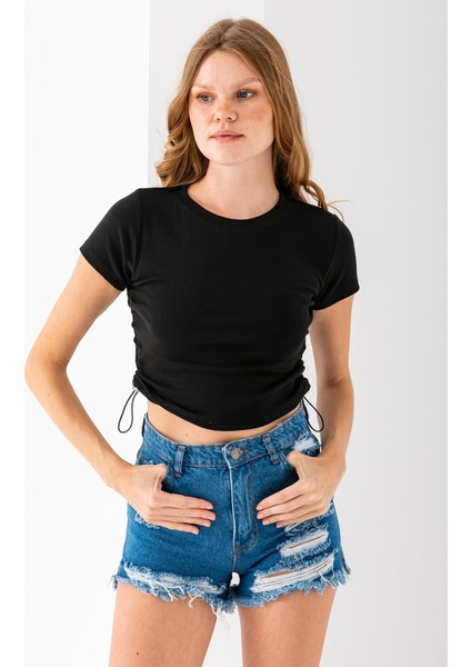 Kadın Bisiklet Yaka Yanı Stoperli Crop T-Shirt Siyah - 25514 fiyatları