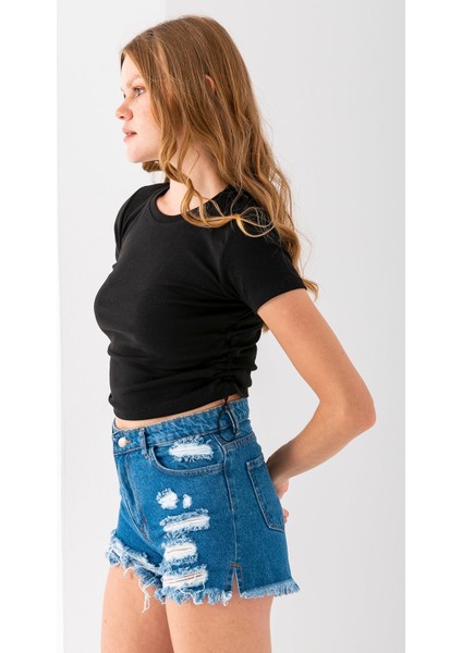 Kadın Bisiklet Yaka Yanı Stoperli Crop T-Shirt Siyah - 25514 fırsatları