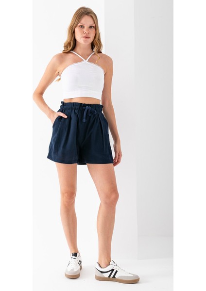 Kadın Beli Lastikli Pileli Pamuklu Şort Lacivert - 925094