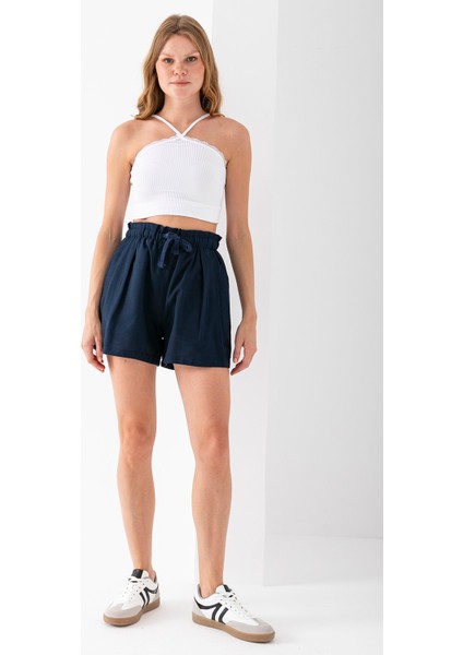 Kadın Beli Lastikli Pileli Pamuklu Şort Lacivert - 925094 modelleri