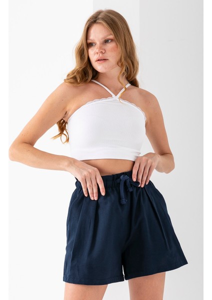 Kadın Beli Lastikli Pileli Pamuklu Şort Lacivert - 925094