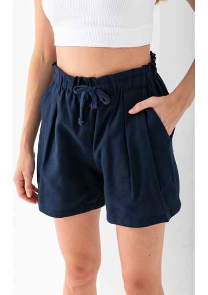 Kadın Beli Lastikli Pileli Pamuklu Şort Lacivert - 925094
