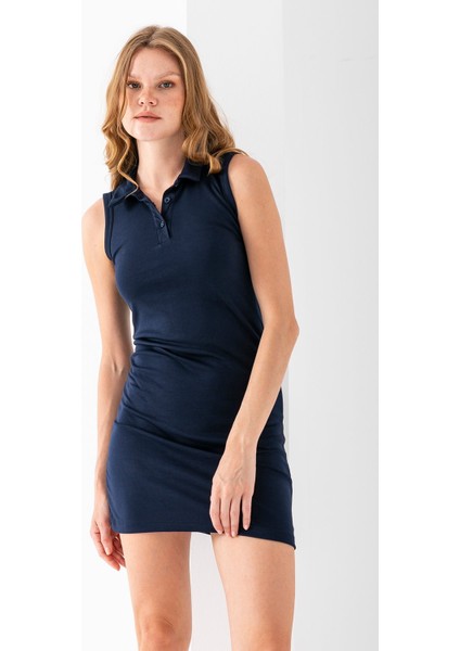 Kadın Polo Yaka Düğme Detaylı Kolsuz Elbise Lacivert - 925076 fırsatları