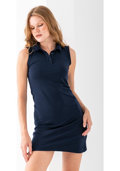 Kadın Polo Yaka Düğme Detaylı Kolsuz Elbise Lacivert - 925076 indirimleri