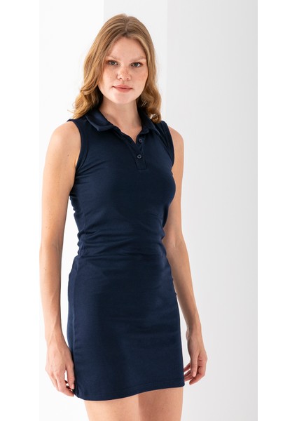 Kadın Polo Yaka Düğme Detaylı Kolsuz Elbise Lacivert - 925076