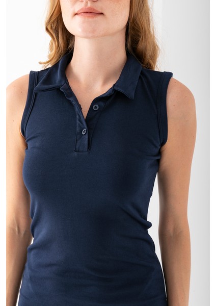 Kadın Polo Yaka Düğme Detaylı Kolsuz Elbise Lacivert - 925076