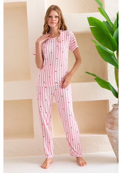 Kadın Bisiklet Yaka Kısa Kollu Çizgili Pijama Takım Pembe - 6016