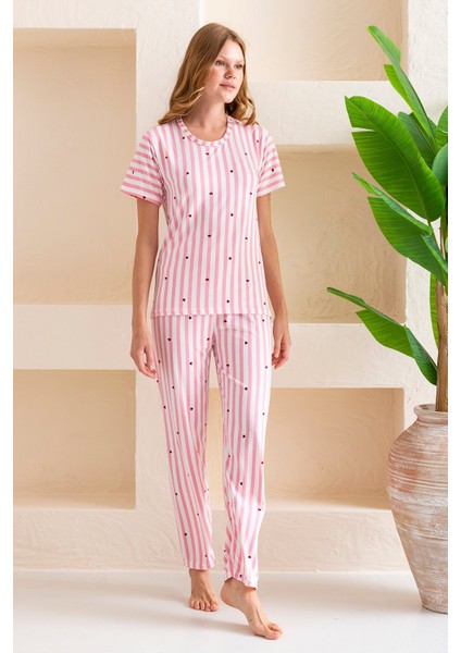 Kadın Bisiklet Yaka Kısa Kollu Çizgili Pijama Takım Pembe - 6016 fiyatları