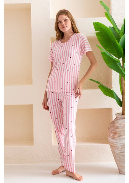 Kadın Bisiklet Yaka Kısa Kollu Çizgili Pijama Takım Pembe - 6016 modelleri