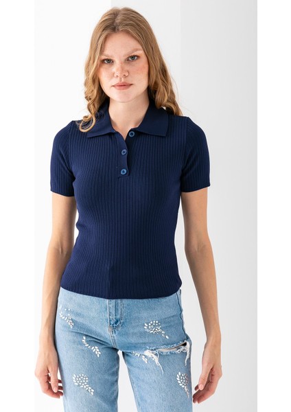 Kadın Polo Yaka Düğme Detaylı Triko Basic T-Shirt Lacivert - 4057