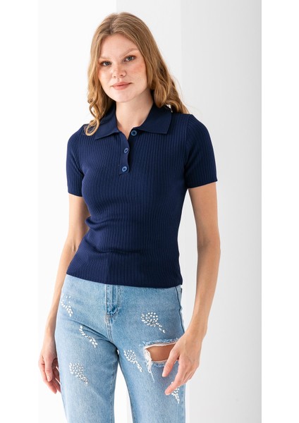 Kadın Polo Yaka Düğme Detaylı Triko Basic T-Shirt Lacivert - 4057 fiyatları
