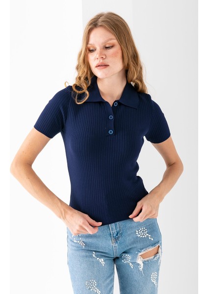 Kadın Polo Yaka Düğme Detaylı Triko Basic T-Shirt Lacivert - 4057 modelleri