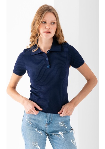 Kadın Polo Yaka Düğme Detaylı Triko Basic T-Shirt Lacivert - 4057 indirimleri