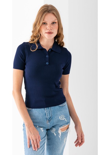 Kadın Polo Yaka Düğme Detaylı Triko Basic T-Shirt Lacivert - 4057