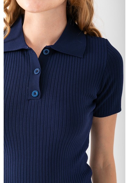 Kadın Polo Yaka Düğme Detaylı Triko Basic T-Shirt Lacivert - 4057