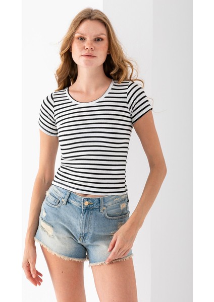 Kadın Bisiklet Yaka Çizgili Basic Body Siyah - 25509