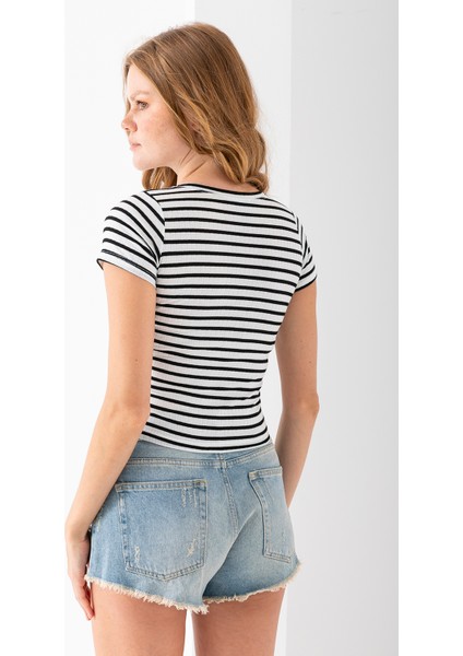 Kadın Bisiklet Yaka Çizgili Basic Body Siyah - 25509