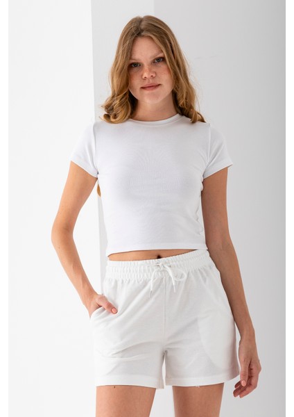 Kadın Beli Ayarlanabilir Çift Cepli Basic Şort Beyaz - 10038
