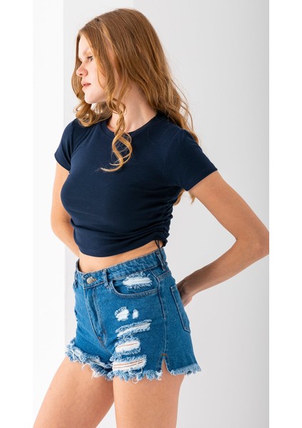 Kadın Bisiklet Yaka Yanı Stoperli Crop T-Shirt Lacivert - 25514
