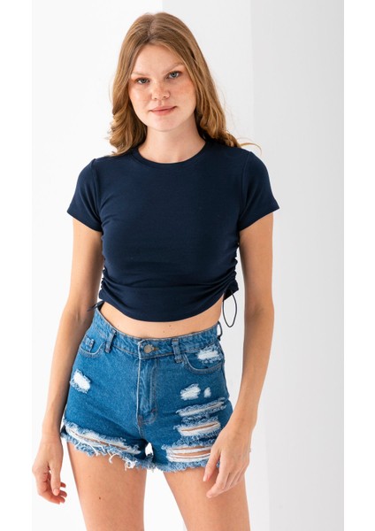 Kadın Bisiklet Yaka Yanı Stoperli Crop T-Shirt Lacivert - 25514 fiyatları