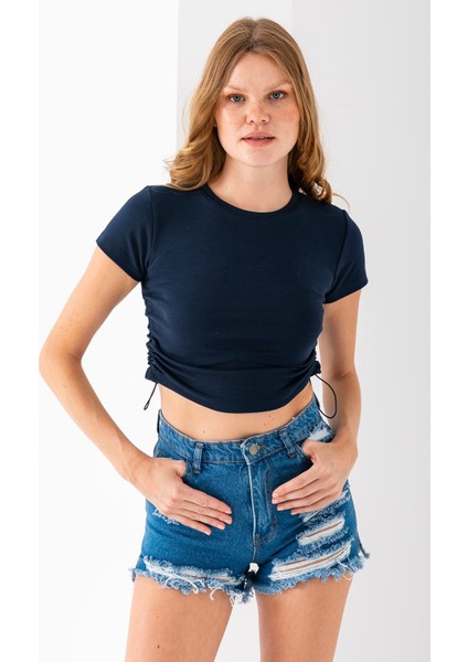 Kadın Bisiklet Yaka Yanı Stoperli Crop T-Shirt Lacivert - 25514 modelleri