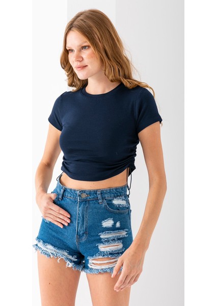 Kadın Bisiklet Yaka Yanı Stoperli Crop T-Shirt Lacivert - 25514 fırsatları