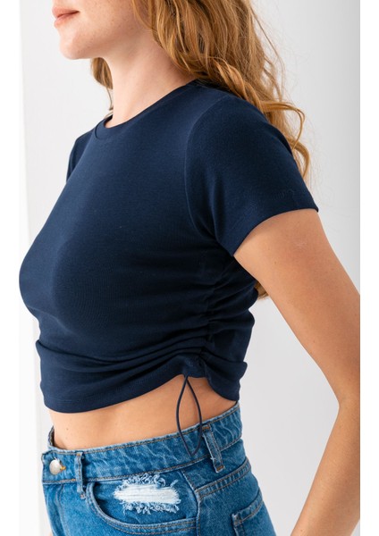 Kadın Bisiklet Yaka Yanı Stoperli Crop T-Shirt Lacivert - 25514 indirimleri