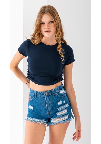 Kadın Bisiklet Yaka Yanı Stoperli Crop T-Shirt Lacivert - 25514