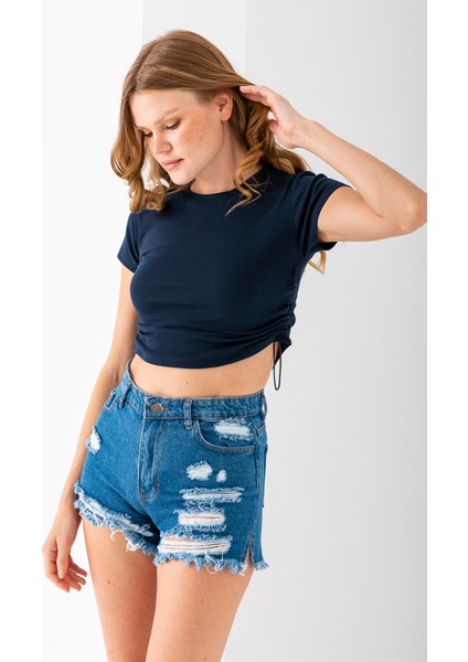 Kadın Bisiklet Yaka Yanı Stoperli Crop T-Shirt Lacivert - 25514