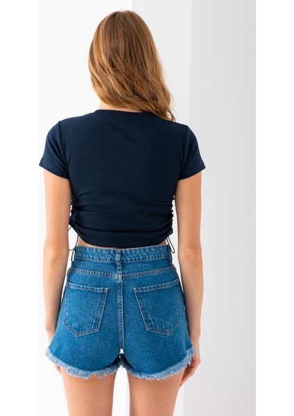 Kadın Bisiklet Yaka Yanı Stoperli Crop T-Shirt Lacivert - 25514