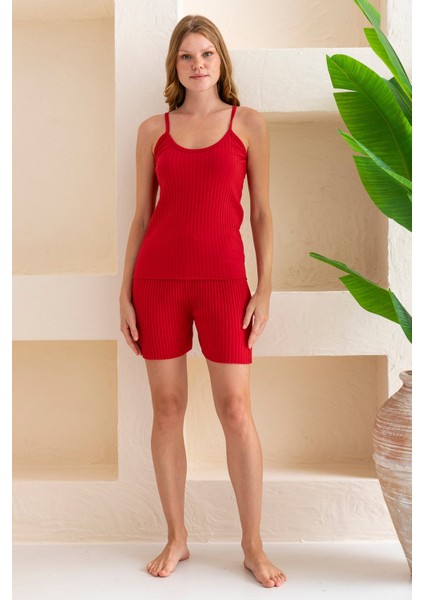 Kadın Ip Askılı Şortlu Pamuk Karışımlı Kaşkorse Pijama Takımı Kırmızı - 6015