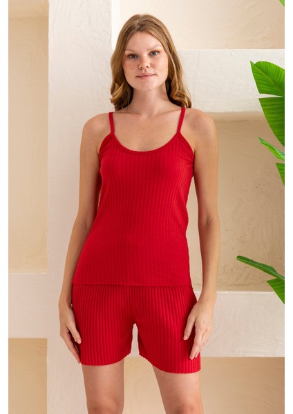 Kadın Ip Askılı Şortlu Pamuk Karışımlı Kaşkorse Pijama Takımı Kırmızı - 6015