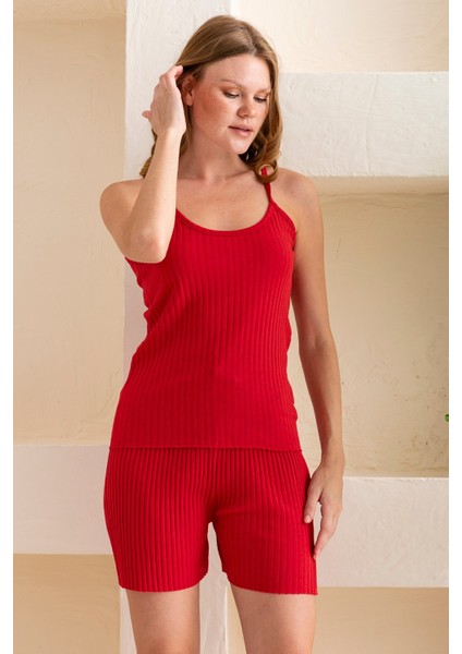 Kadın Ip Askılı Şortlu Pamuk Karışımlı Kaşkorse Pijama Takımı Kırmızı - 6015