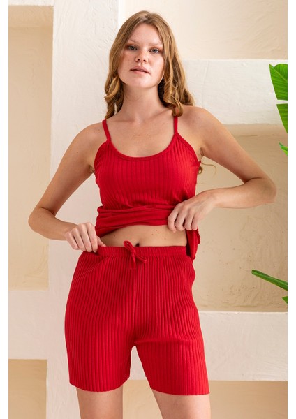 Kadın Ip Askılı Şortlu Pamuk Karışımlı Kaşkorse Pijama Takımı Kırmızı - 6015
