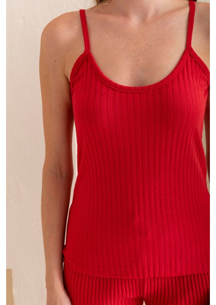 Kadın Ip Askılı Şortlu Pamuk Karışımlı Kaşkorse Pijama Takımı Kırmızı - 6015
