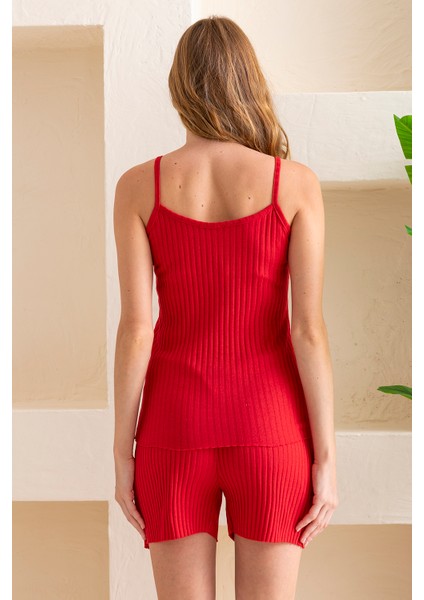 Kadın Ip Askılı Şortlu Pamuk Karışımlı Kaşkorse Pijama Takımı Kırmızı - 6015