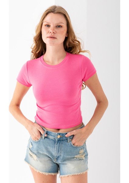 Kadın Bisiklet Yaka Pamuklu Basic Body Pembe - 25873