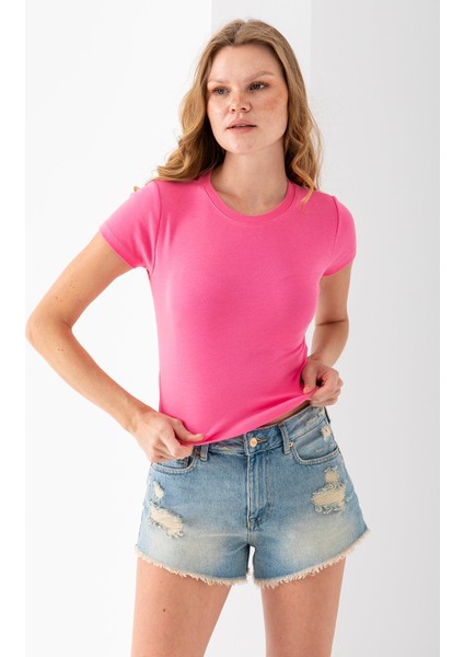 Kadın Bisiklet Yaka Pamuklu Basic Body Pembe - 25873