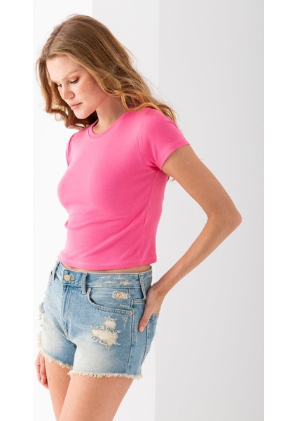 Kadın Bisiklet Yaka Pamuklu Basic Body Pembe - 25873